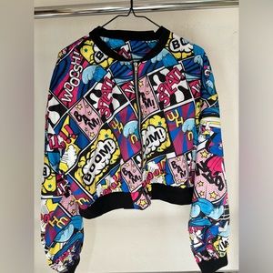 Women’s cropped bomber pop art/comic printed jacket